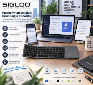 Tastatură Bluetooth Pliabilă SIGLOO din Aluminiu, Touchpad Integrat,  compatibil cu orice tableta, smartphone, laptop, Tv, calculator, Gri