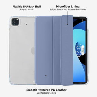 Husa premium tableta Apple iPad Air 11" (2024), Sigloo, interior imitatie piele, suport Smart Pen, spate din PC transparent, rezista la socuri, Gri albastrui