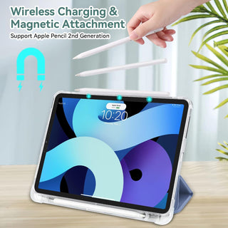 Husa premium tableta Apple iPad Air 11" (2024), Sigloo, interior imitatie piele, suport Smart Pen, spate din PC transparent, rezista la socuri, Gri albastrui