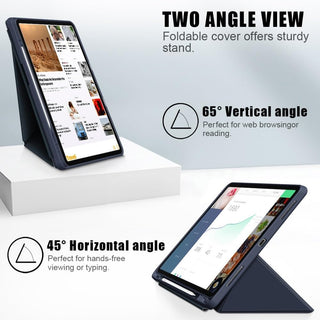 Husa premium Sigloo, pentru iPad Air13 (2024/2025), iPad Pro 12.9'', (2022/2021/2020/2018), interior de piele sintetica, Suport origami, spatele din policarbonat, Albastru inchis
