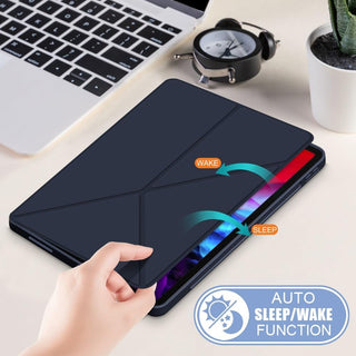 Husa premium Sigloo, pentru iPad Air13 (2024/2025), iPad Pro 12.9'', (2022/2021/2020/2018), interior de piele sintetica, Suport origami, spatele din policarbonat, Albastru inchis