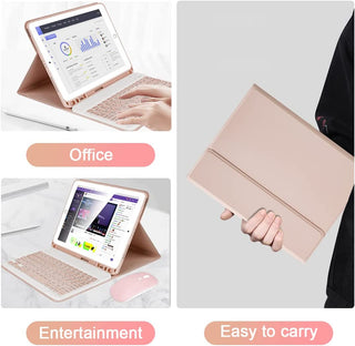 Husa cu tastatura si mouse pentru tableta Samsung Galaxy Tab S10 FE+, 13.1", Sigloo, Roz, Bluetooth, Magnetic, Protectie completa si stand ajustabil