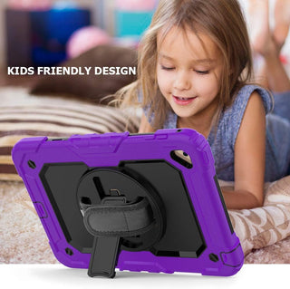 Pachet complet 360› Sigloo: Hus? Shockproof Armor + Folie integrat? pentru Apple iPad 9th/8th/7th Gen (2021/2020/2019), 10.2", cu stand rotativ, suport creion, curea umar, Mov Aprins