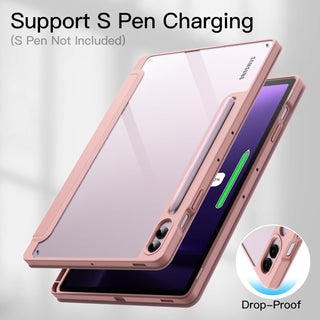 Husa premium pentru Samsung Galaxy Tab S10/S10Fe/S9/S9Fe, 11", Sigloo, interior de piele sintetica, suport Smart Pen, spatele din policarbonat transparent, rezistent la socuri, Pink