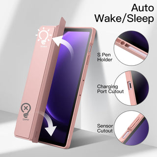 Husa premium pentru Samsung Galaxy Tab S10+/S10Fe+/S9+/S9Fe+, 12.4", Sigloo, interior de piele sintetica, suport Smart Pen, spatele din policarbonat transparent, rezistent la socuri, Pink