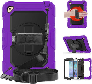 Pachet complet 360› Sigloo: Hus? Shockproof Armor + Folie integrat? pentru Apple iPad 9th/8th/7th Gen (2021/2020/2019), 10.2", cu stand rotativ, suport creion, curea umar, Mov Aprins