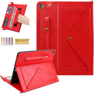 Husa Sigloo pentru iPad 9.7" (iPad Air 1/2, iPad 5/6) – Tip Business din Piele PU, Buzunare pentru Documente, Curea de Umar si Mana – Rosu intens