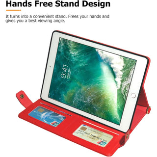 Husa Sigloo pentru iPad 9.7" (iPad Air 1/2, iPad 5/6) – Tip Business din Piele PU, Buzunare pentru Documente, Curea de Umar si Mana – Rosu intens