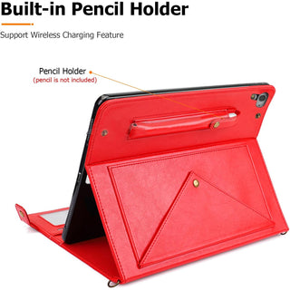Husa Sigloo pentru iPad 9.7" (iPad Air 1/2, iPad 5/6) – Tip Business din Piele PU, Buzunare pentru Documente, Curea de Umar si Mana – Rosu intens