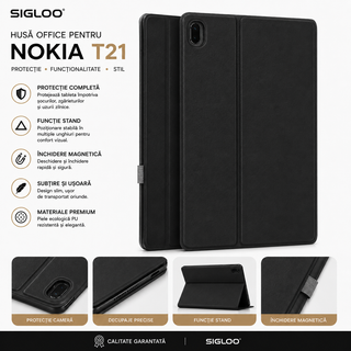 Husa Office SIGLOO pentru Nokia T21, Functie Stand, Inchidere Magnetica, Protectie Completa, Material Premium, Negru
