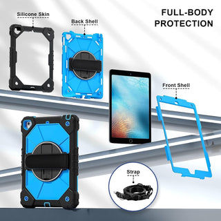 Husa Sigloo 3-in-1 pentru iPad 9.7” / iPad Pro 9.7” (2017/2018) – Protectie Completa, Suport Rotativ, Curea Reglabila, Negru+Albastru