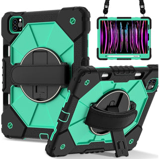 Husa Sigloo pentru iPad Air 10.9" (Gen. 5/4) si iPad Pro 11" (Gen. 1–4), Carcasa rezistenta 3-in-1, Stand, Curea mana, Negru cu Verde menta