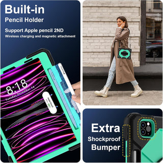 Husa Sigloo pentru iPad Air 10.9" (Gen. 5/4) si iPad Pro 11" (Gen. 1–4), Carcasa rezistenta 3-in-1, Stand, Curea mana, Negru cu Verde menta