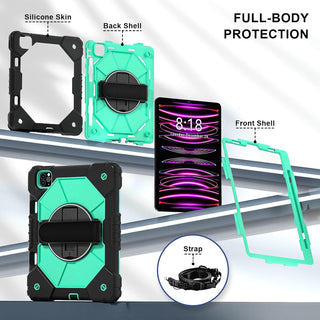 Husa Sigloo pentru iPad Air 10.9" (Gen. 5/4) si iPad Pro 11" (Gen. 1–4), Carcasa rezistenta 3-in-1, Stand, Curea mana, Negru cu Verde menta