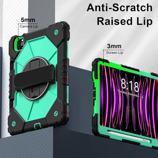 Husa Sigloo pentru iPad Air 10.9" (Gen. 5/4) si iPad Pro 11" (Gen. 1–4), Carcasa rezistenta 3-in-1, Stand, Curea mana, Negru cu Verde menta