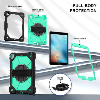 Husa Sigloo 3-in-1 pentru iPad 9.7” / iPad Pro 9.7” (2017/2018) – Protectie Completa, Suport Rotativ, Curea Reglabila, Verde + Negru
