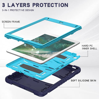 Husa Sigloo pentru iPad 9.7" (iPad 5/6, Air 2, Pro 9.7) – 3 Straturi Protectie, Suport Integrat, Ecran Protejat, Antisoc –Albastru inchis cu Albastru