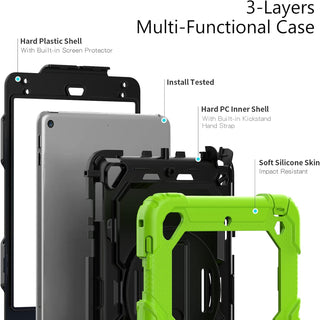 Pachet complet 360° Sigloo: Husa Shockproof Armor + Folie integrata pentru Apple iPad 9th/8th/7th Gen (2021/2020/2019), 10.2", cu stand rotativ, suport creion, curea umar, Verde praz