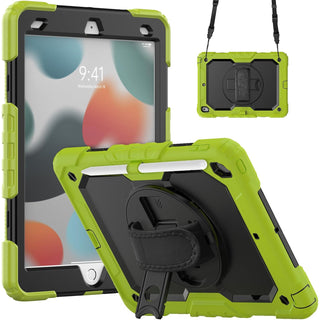 Pachet complet 360° Sigloo: Husa Shockproof Armor + Folie integrata pentru Apple iPad 9th/8th/7th Gen (2021/2020/2019), 10.2", cu stand rotativ, suport creion, curea umar, Verde praz