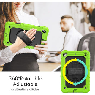 Pachet complet 360° Sigloo: Husa Shockproof Armor + Folie integrata pentru Apple iPad 9th/8th/7th Gen (2021/2020/2019), 10.2", cu stand rotativ, suport creion, curea umar, Verde praz