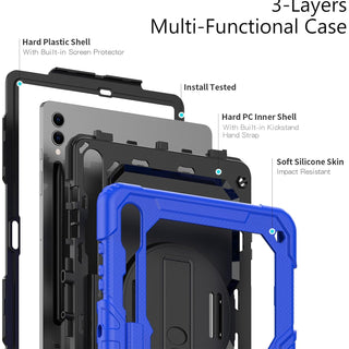 Pachet 360 pentru pentru Samsung Galaxy Tab S8 Plus, S7 FE, S7 Plus, Husa Sigloo Military, Curea de Umar si Folie de Protectie– Albastru