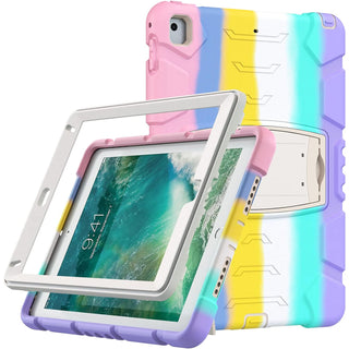 Husa Sigloo pentru iPad 9.7" (iPad 5/6, Air 2, Pro 9.7) – 3 Straturi Protectie, Suport Integrat, Ecran Protejat, Antisoc –Roz multicolor cu Mov