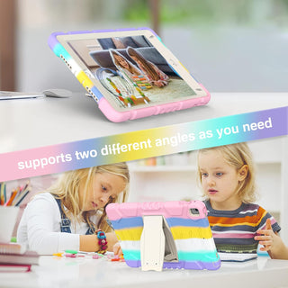 Husa Sigloo pentru iPad 9.7" (iPad 5/6, Air 2, Pro 9.7) – 3 Straturi Protectie, Suport Integrat, Ecran Protejat, Antisoc –Roz multicolor cu Mov