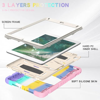 Husa Sigloo pentru iPad 9.7" (iPad 5/6, Air 2, Pro 9.7) – 3 Straturi Protectie, Suport Integrat, Ecran Protejat, Antisoc –Roz multicolor cu Mov