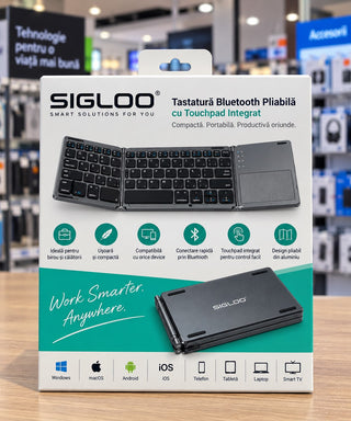 Tastatură Bluetooth Pliabilă SIGLOO din Aluminiu, Touchpad Integrat,  compatibil cu orice tableta, smartphone, laptop, Tv, calculator, Gri
