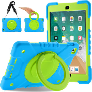 Husa Sigloo pentru iPad 9.7" (iPad 5/6, Air 2, Pro 9.7) – 3 Straturi Protectie, Suport rotativ, Curea de Umar, Antisoc – Albastru deschis cu Verde