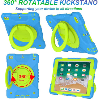 Husa Sigloo pentru iPad 9.7" (iPad 5/6, Air 2, Pro 9.7) – 3 Straturi Protectie, Suport rotativ, Curea de Umar, Antisoc – Albastru deschis cu Verde