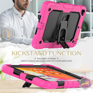 Husa Sigloo pentru iPad 9.7" (iPad 5/6, Air 2, Pro 9.7) – 3 Straturi Protectie, Suport Integrat, Ecran Protejat, Antisoc pentru Copii – Roz cu Negru