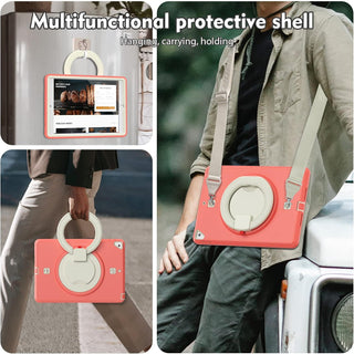 Pachet 360 pentru iPad 9.7" (iPad Air 2, iPad 5/6, iPad Pro 9.7) – Husa Sigloo cu folie inclusa, curea de umar si suport rotativ, Roz cu Crem