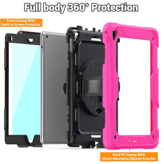 Husa Sigloo 3-in-1 pentru iPad 9.7” / iPad Pro 9.7” (2017/2018) – Protectie Completa, Suport Rotativ, Curea Reglabila, Roz + Negru