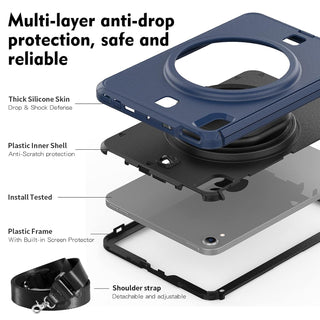 Pachet complet 360ø Sigloo: Hus? Shockproof Armor + Folie integrat? pentru Apple iPad Mini 7/6 (2024/2021), 8.3", cu stand rotativ ?i curea umar, Dark Blue