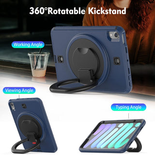 Pachet complet 360ø Sigloo: Hus? Shockproof Armor + Folie integrat? pentru Apple iPad Mini 7/6 (2024/2021), 8.3", cu stand rotativ ?i curea umar, Dark Blue