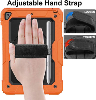 Pachet complet 360ø Sigloo: Hus? Shockproof Armor + Folie integrat? pentru Apple iPad 9th/8th/7th Gen (2021/2020/2019), 10.2", cu stand rotativ, suport creion, curea umar,Portocaliu Neon