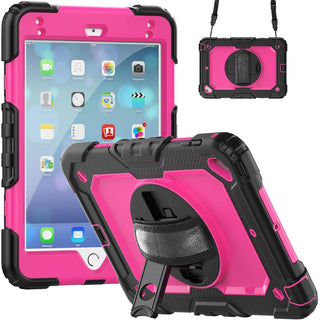 Pachet 360 pentru iPad 9.7" (iPad Air 2, iPad 5/6, iPad Pro 9.7) – Husa Sigloo cu folie inclusa, curea de umar si suport rotativ, Roz / Negru