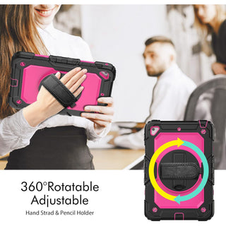 Pachet 360 pentru iPad 9.7" (iPad Air 2, iPad 5/6, iPad Pro 9.7) – Husa Sigloo cu folie inclusa, curea de umar si suport rotativ, Roz / Negru