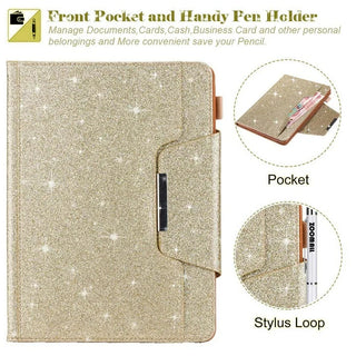 Husa Office Sigloo din piele sintetica, pentru tableta Ipad mini 7/ 6, 8.3'', Smart Cover, suport de smartpen, si portcarduri in interior, Auriu