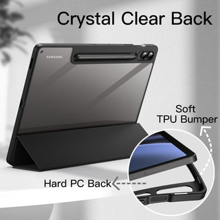 Husa premium pentru Samsung Galaxy Tab S10+/S10Fe+/S9+/S9Fe+, 12.4", Sigloo, interior de piele sintetica, suport Smart Pen, spatele din policarbonat transparent, rezistent la socuri, Black
