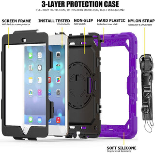 Pachet complet 360› Sigloo: Hus? Shockproof Armor + Folie integrat? pentru Apple iPad 9th/8th/7th Gen (2021/2020/2019), 10.2", cu stand rotativ, suport creion, curea umar, Mov Aprins
