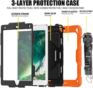 Pachet complet 360ø Sigloo: Hus? Shockproof Armor + Folie integrat? pentru Apple iPad 9th/8th/7th Gen (2021/2020/2019), 10.2", cu stand rotativ, suport creion, curea umar,Portocaliu Neon