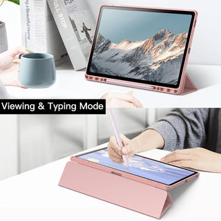 Husa premium pentru Samsung Galaxy Tab S10/S10Fe/S9/S9Fe, 11", Sigloo, interior de piele sintetica, suport Smart Pen, spatele din policarbonat transparent, rezistent la socuri, Pink