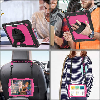 Pachet complet 360° Sigloo: Husă Shockproof Armor + Folie integrată pentru Apple iPad 9th/8th/7th Gen (2021/2020/2019), 10.2",  cu stand rotativ și curea umar,Roz cu Negru