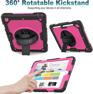 Pachet complet 360° Sigloo: Husă Shockproof Armor + Folie integrată pentru Apple iPad 9th/8th/7th Gen (2021/2020/2019), 10.2",  cu stand rotativ și curea umar,Roz cu Negru