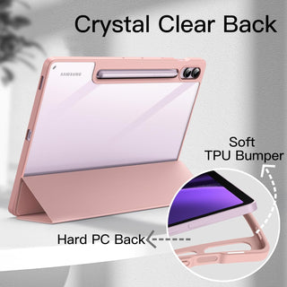Husa premium pentru Samsung Galaxy Tab S10+/S10Fe+/S9+/S9Fe+, 12.4", Sigloo, interior de piele sintetica, suport Smart Pen, spatele din policarbonat transparent, rezistent la socuri, Pink