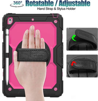 Pachet complet 360° Sigloo: Husă Shockproof Armor + Folie integrată pentru Apple iPad 9th/8th/7th Gen (2021/2020/2019), 10.2",  cu stand rotativ și curea umar,Roz cu Negru