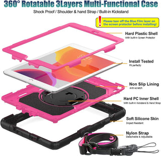 Pachet complet 360° Sigloo: Husă Shockproof Armor + Folie integrată pentru Apple iPad 9th/8th/7th Gen (2021/2020/2019), 10.2",  cu stand rotativ și curea umar,Roz cu Negru