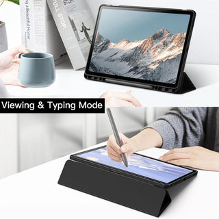 Husa premium pentru Samsung Galaxy Tab S10/S10Fe/S9/S9Fe, 11", Sigloo, interior de piele sintetica, suport Smart Pen, spatele din policarbonat transparent, rezistent la socuri, Black